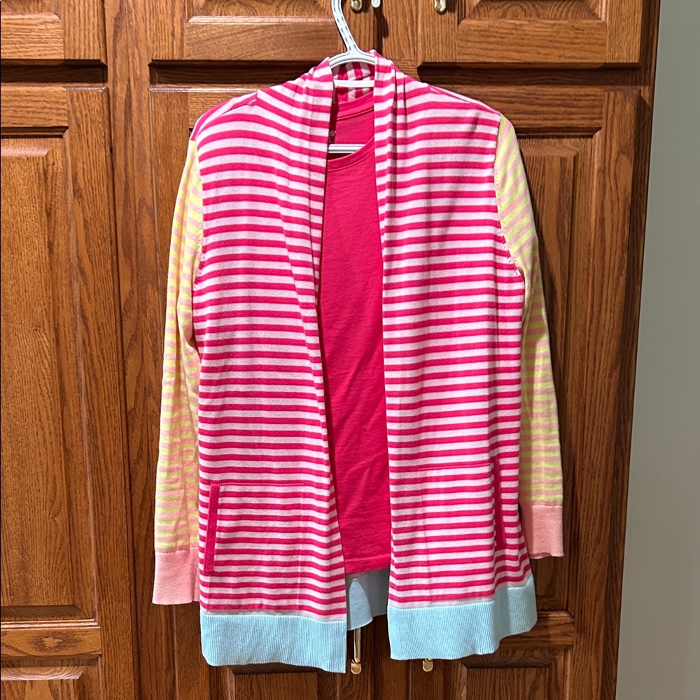 Lands' End Pink and Yellow Striped Cardigan
